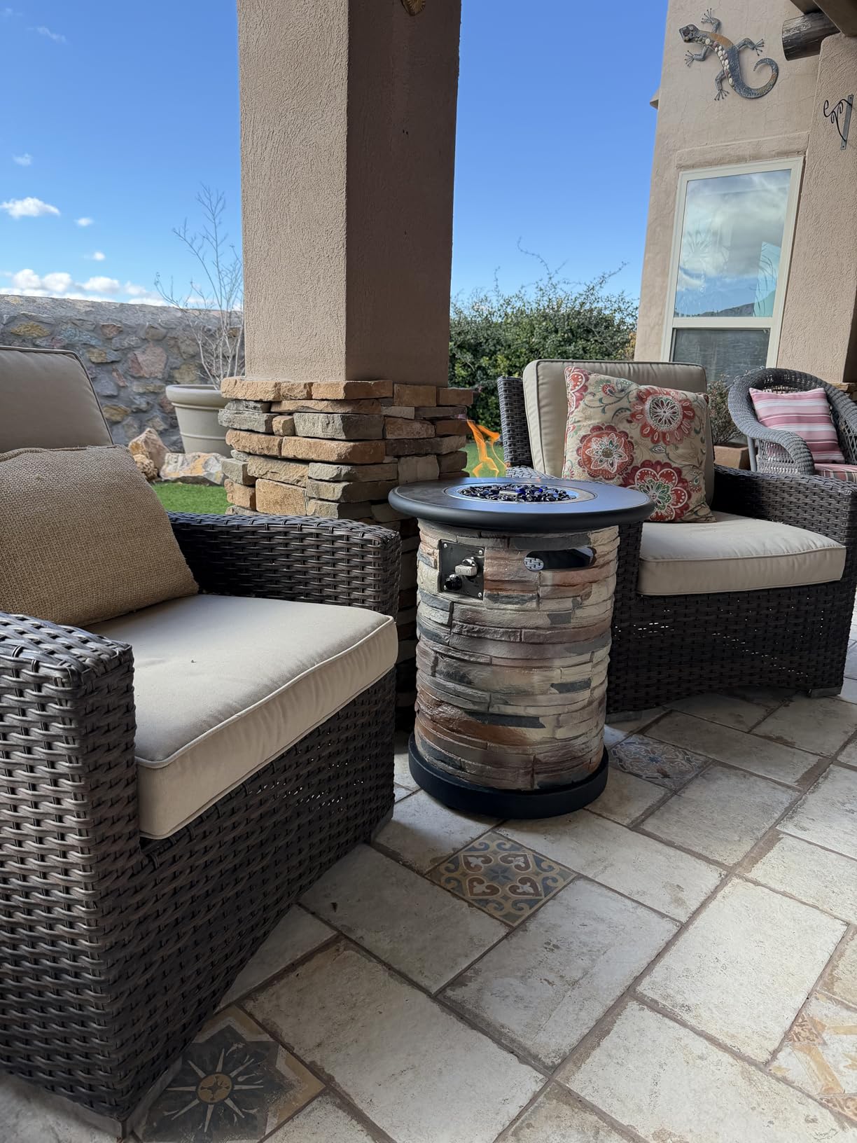 BAIDE HOME Outdoor Propane Fire Pit Table, Round Porcelain Tile Top 22