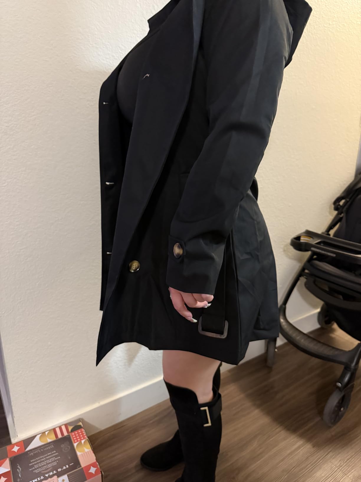 CREATMO US Women's Trench Coat Double-Breasted Classic Lapel Overcoat Belted Slim Outerwear Coat with Detachable Hood customer photo 2