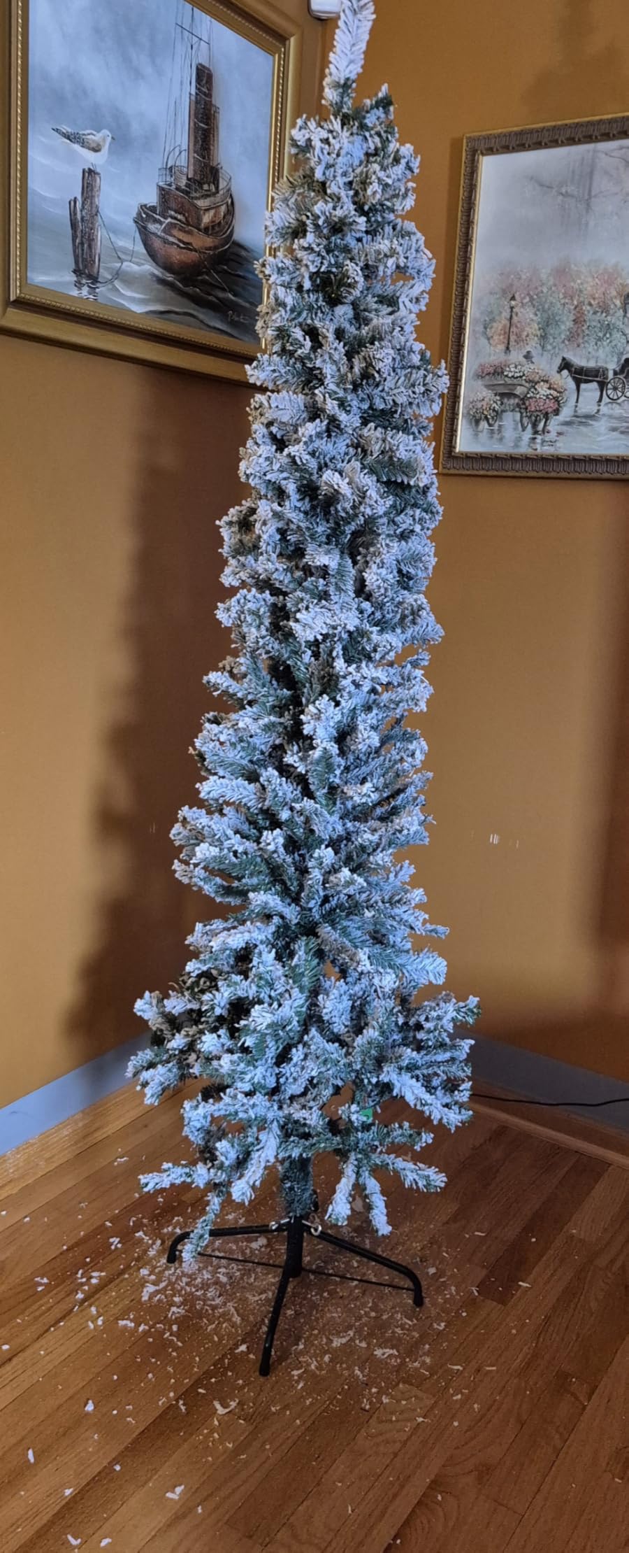HOMOM 7.5ft Flocked Christmas Tree, Pencil Artificial Xmas Tree with Faux Snow, Dense Branches, Foldable Metal Base for Indoor Holiday Decor customer photo 2