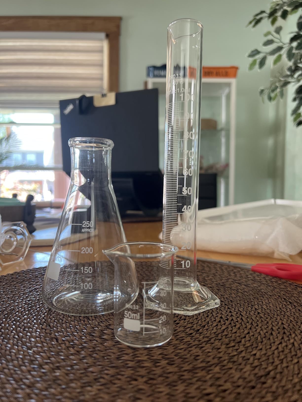 18 Pieces Lab Glassware Set Beaker Flask Cylinder Set Includes 3 Glass Beakers 3 Erlenmeyer Flasks 3 Graduated Measuring Cylinders with Droppers Brushes and Glass Stirring Rod for Lab Experiment customer photo 1