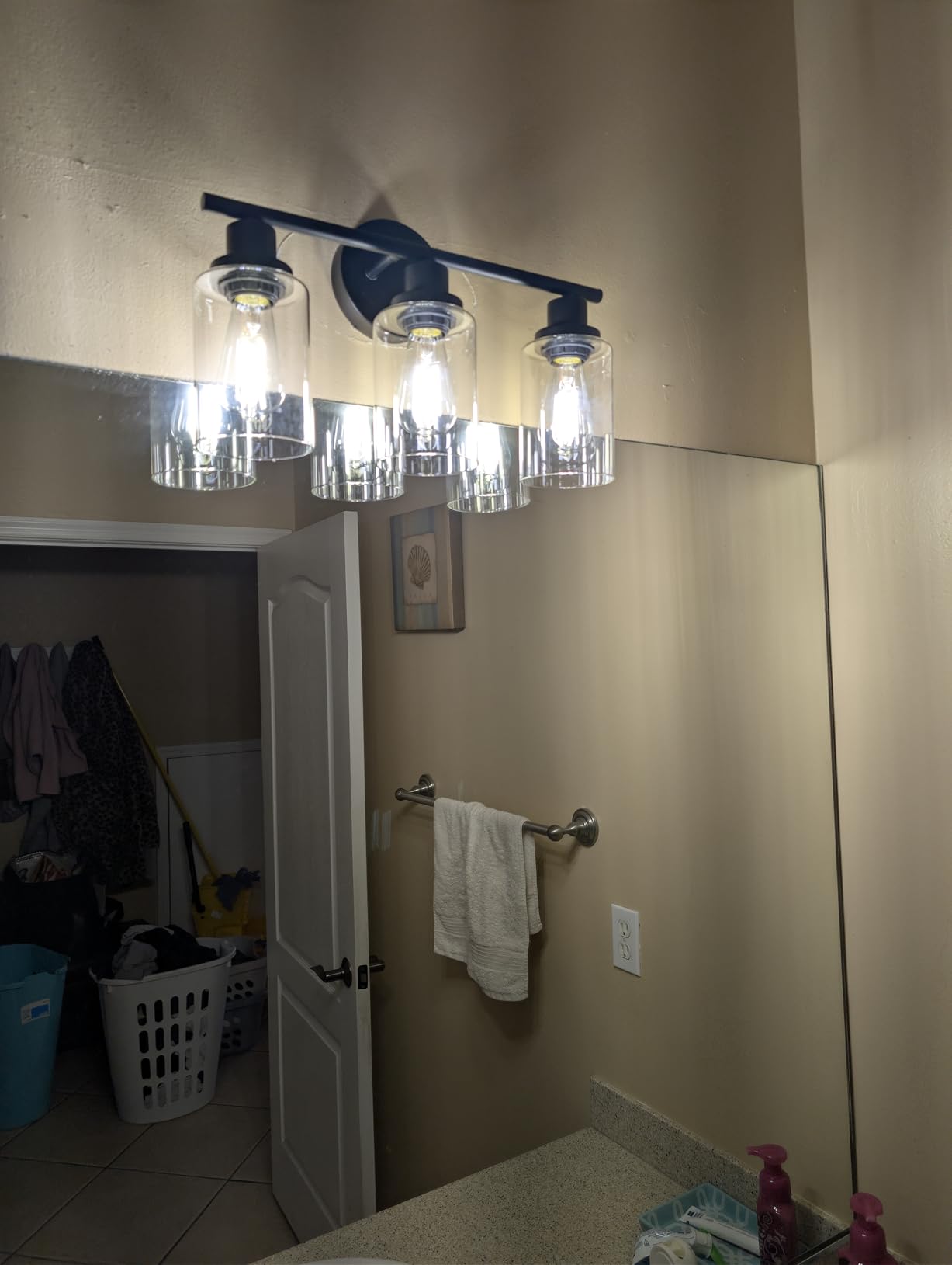 Unicozin Modern Bathroom Light Fixtures, 3 Light Vanity Lights, Black Wall Lamp with Clear Glass for Bathroom, Mirror, Living Room, Bedroom, Hallway, E26 Base customer photo 2