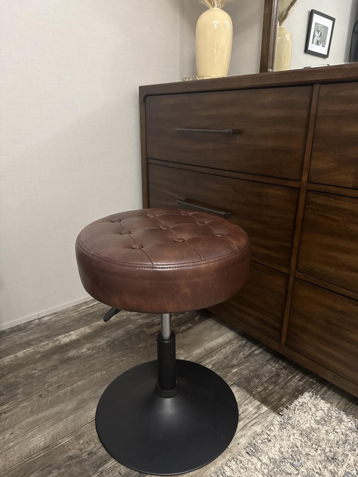Furniliving Mid-Century Tufted Adjustable Swivel Makeup Ottoman Stool; Modern Big Size Round Vanity Stool Chair for Bedroom Living Room (White) customer photo 2