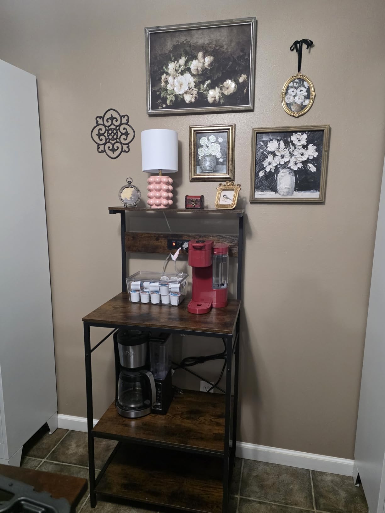 SUPERJARE Kitchen Bakers Rack with Power Outlet, Coffee Bar Table 4 Tiers, Kitchen Microwave Stand with 6 S-shaped Hooks, Storage Shelf Rack for Spices, Pots and Pans - Rustic Brown customer photo 1
