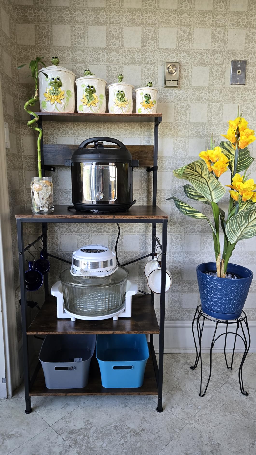 SUPERJARE Kitchen Bakers Rack with Power Outlet, Coffee Bar Table 4 Tiers, Kitchen Microwave Stand with 6 S-shaped Hooks, Storage Shelf Rack for Spices, Pots and Pans - Rustic Brown customer photo 2