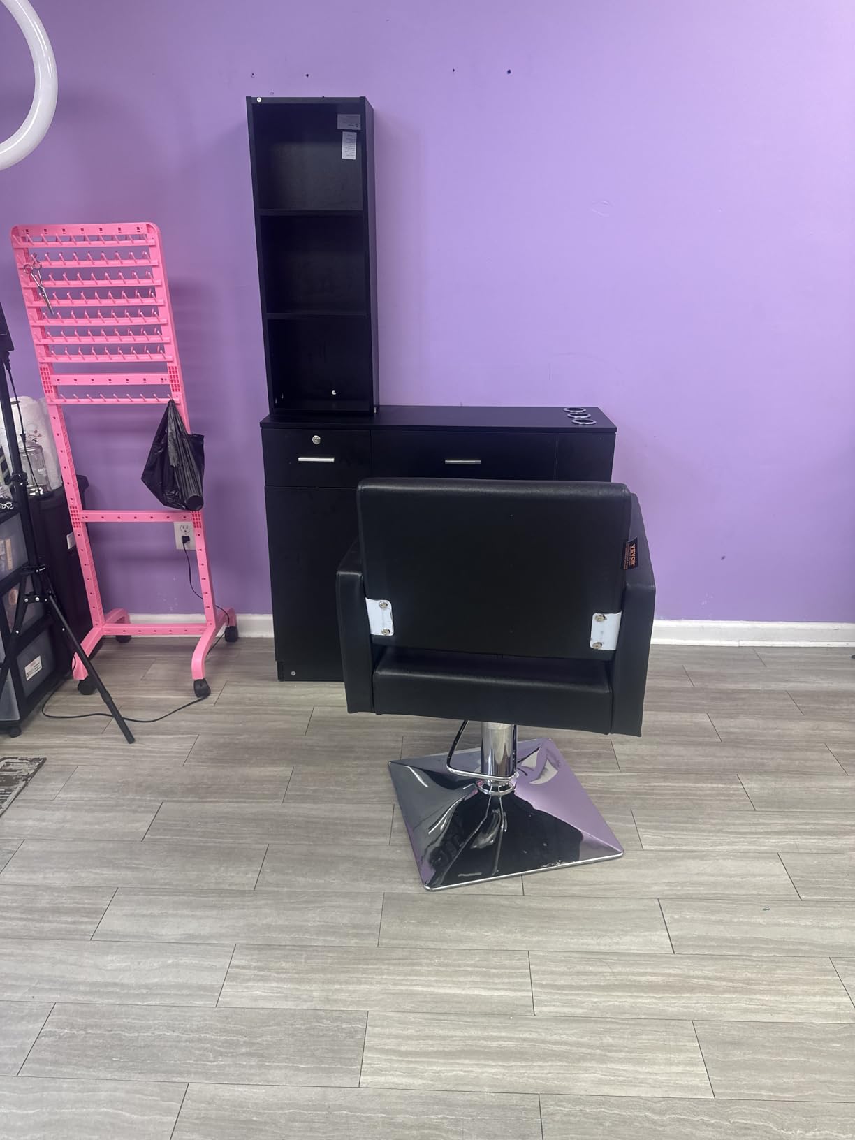 OmySalon Wall Mount Barber Stations, Salon Stations for Hair Stylist, Hair Styling Equipement Set with a Storage Cabinet, 2 Drawers and a 3 Tier Shelf (Black) customer photo 2