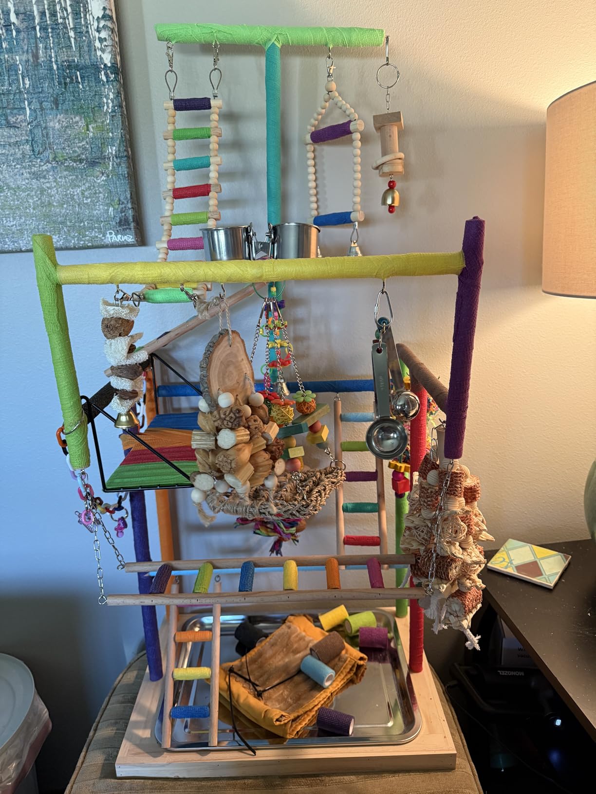 Pet Parrot Playstand Parrots Bird Playground Bird Play Stand Wood Perch Gym Playpen Ladder with Feeder Cups Bells for Cockatiel Parakeet (4 Layers) customer photo 2