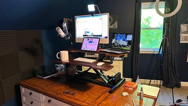 Standing Desk Converter 32 inch, Height Adjustable Sit Stand Desk Riser, Quick Sit to Stand Tabletop Dual Monitor Riser Workstation for Home Office with Keyboard Tray, Black customer photo 2