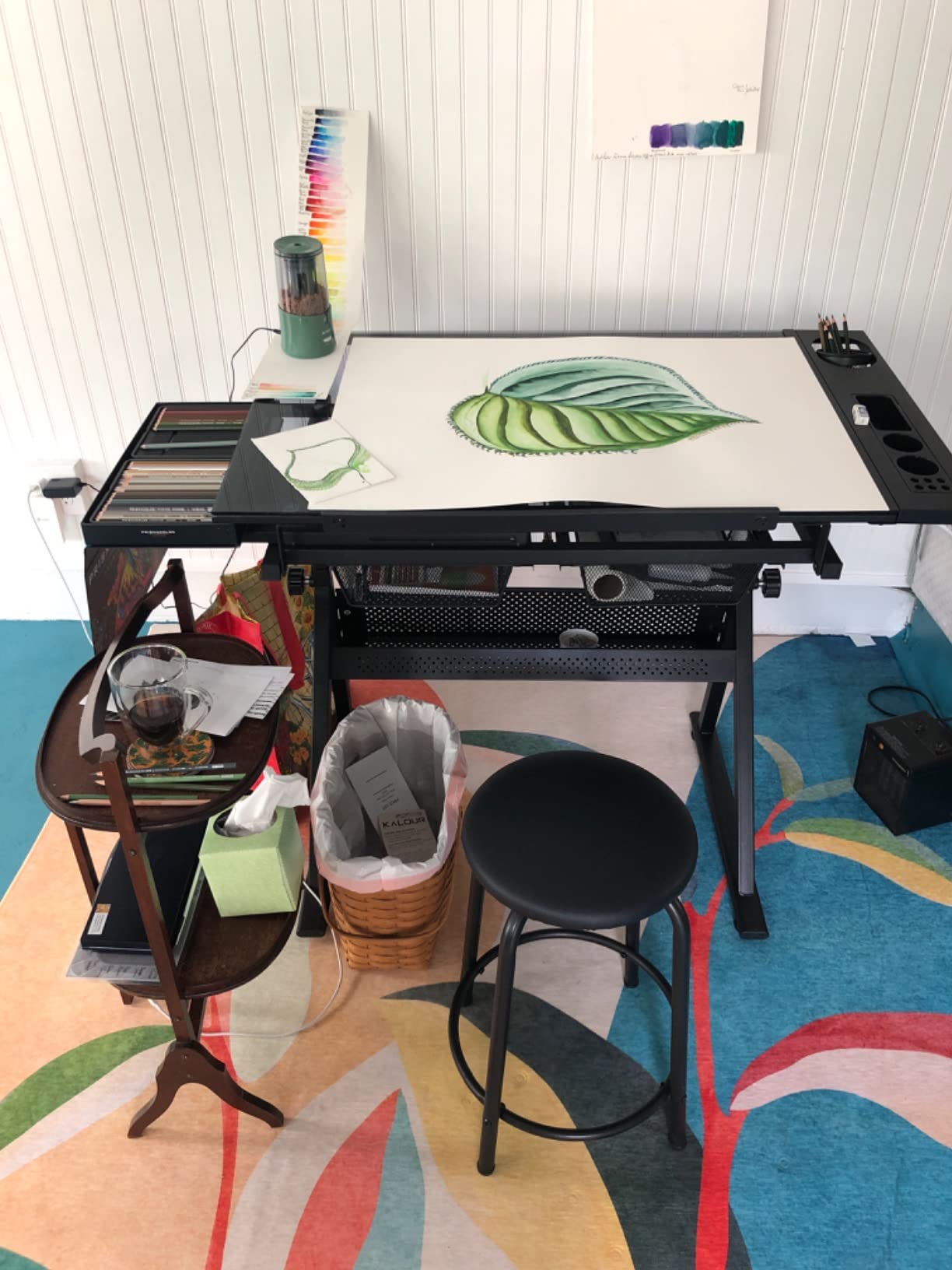 Glass Drafting Table Art Desk - Adjustable Professhional Artwork Drawing Drafting Table Desk, Glass-Topped Art Table for Craft Station Studio Home Office School w/Drawers (Black) customer photo 2