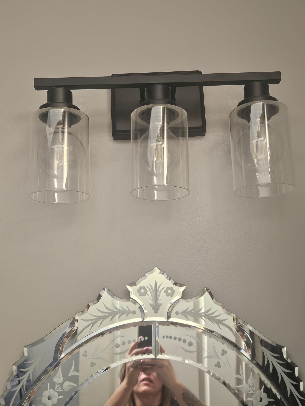 Ascher Bathroom Vanity Light Fixtures, 3 Light Wall Sconces Lighting with Clear Glass Shade, Brushed Nickel Wall Lights for Mirror, Kitchen, Living Room, Gallery, E26 Base (Bulbs Not Included) customer photo 1