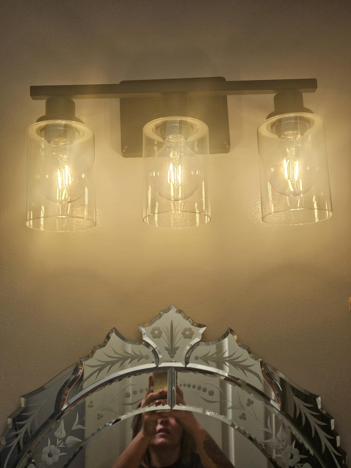 Ascher Bathroom Vanity Light Fixtures, 3 Light Wall Sconces Lighting with Clear Glass Shade, Brushed Nickel Wall Lights for Mirror, Kitchen, Living Room, Gallery, E26 Base (Bulbs Not Included) customer photo 2