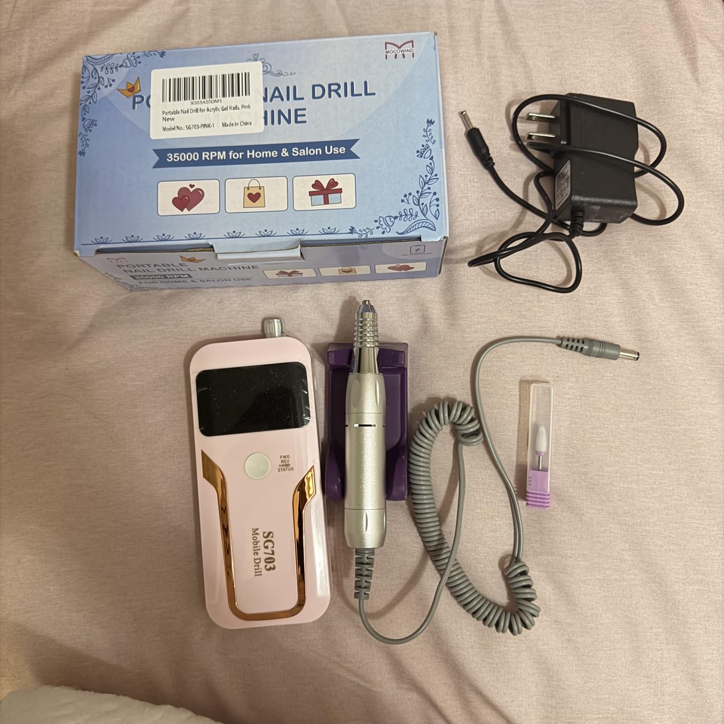 MOCOWIND Portable Nail Drill Professional 35000 RPM, Rechargeable Electric Nail File Machine Cordless E-File for Acrylic Gel Polishing Removing with Bits Kit for Manicure Salon Home, Pink customer photo 1