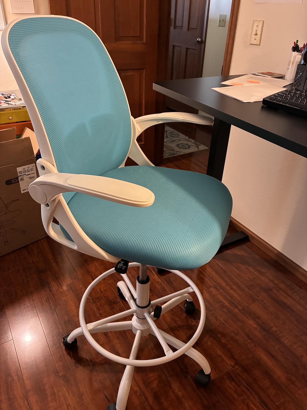 Primy Drafting Chair Tall Office Chair with Flip-up Armrests Executive Ergonomic Computer Standing Desk Chair with Lumbar Support and Adjustable Footrest Ring (Black) customer photo 2