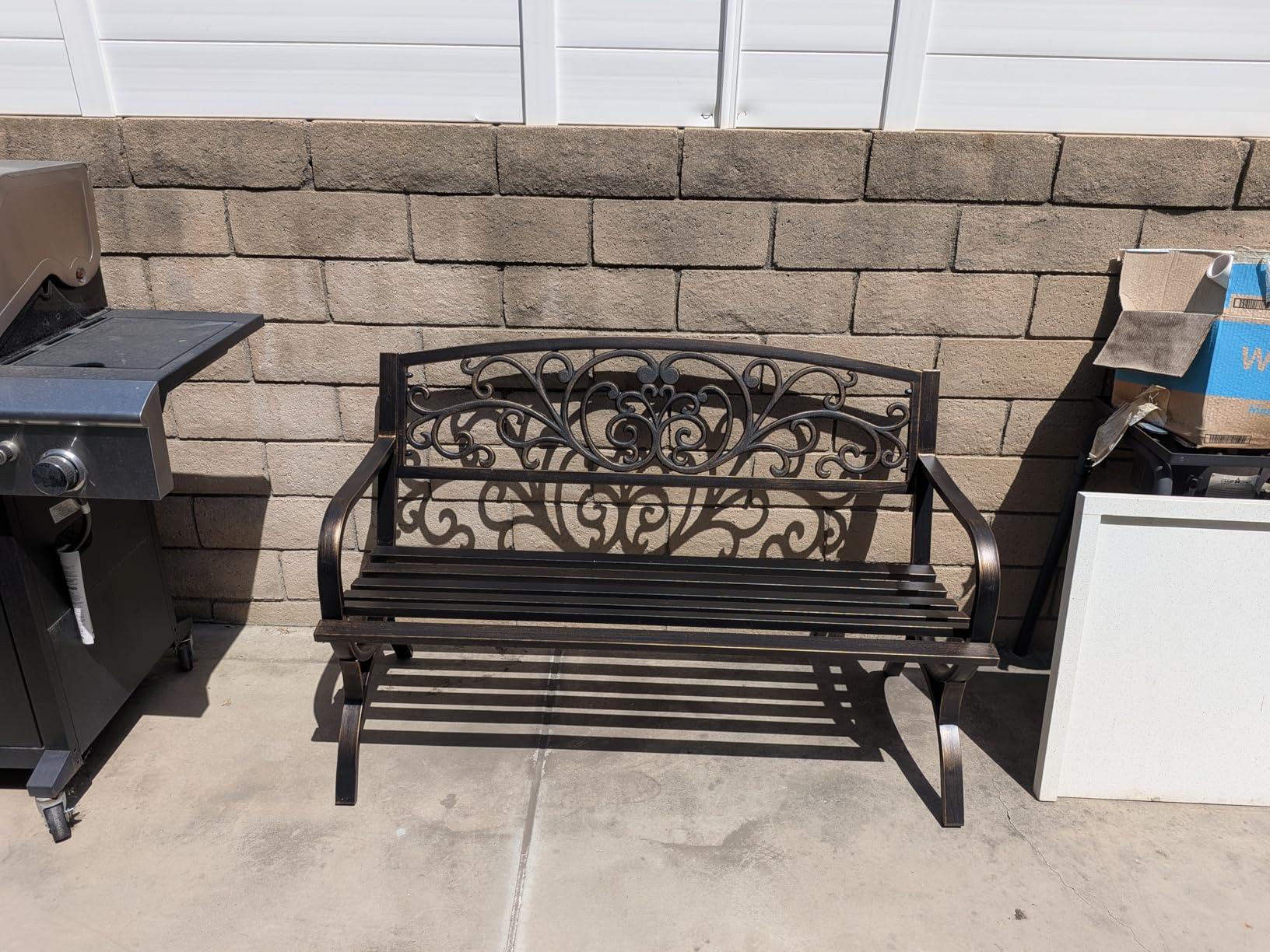 PHI VILLA 50-Inch Cast Iron Steel Frame Garden Bench Outdoor Patio Bench Chair w/Floral Design Backrest, Slatted Seat for Park, Yard & Porch, Black customer photo 2