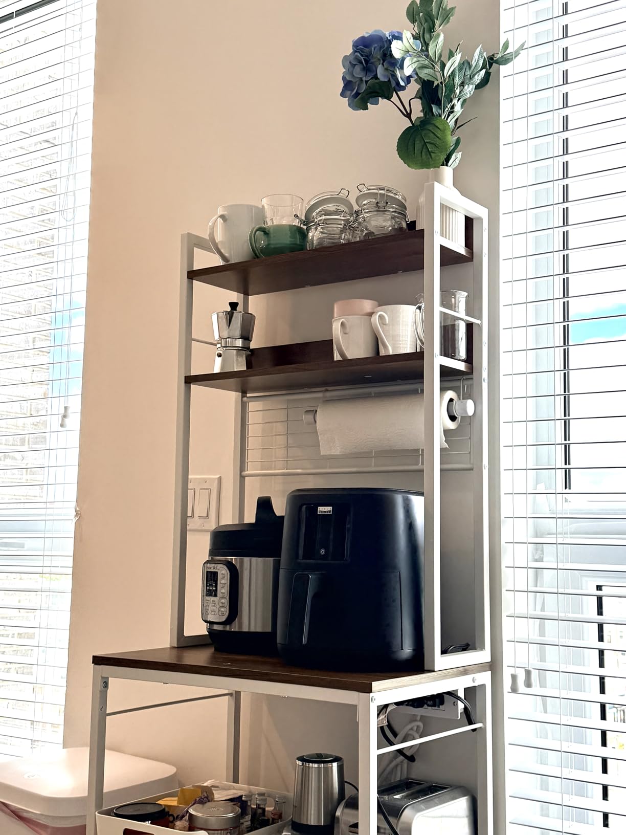 VASAGLE Bakers Rack with Power Outlet, Microwave Stand, Kitchen Tall Utility Storage Shelf, with Metal Wire Panel, 14 Hooks, 15.7 x 31.5 x 66.9 Inches, Rustic Brown and Ink Black UKKS025B01 customer photo 2