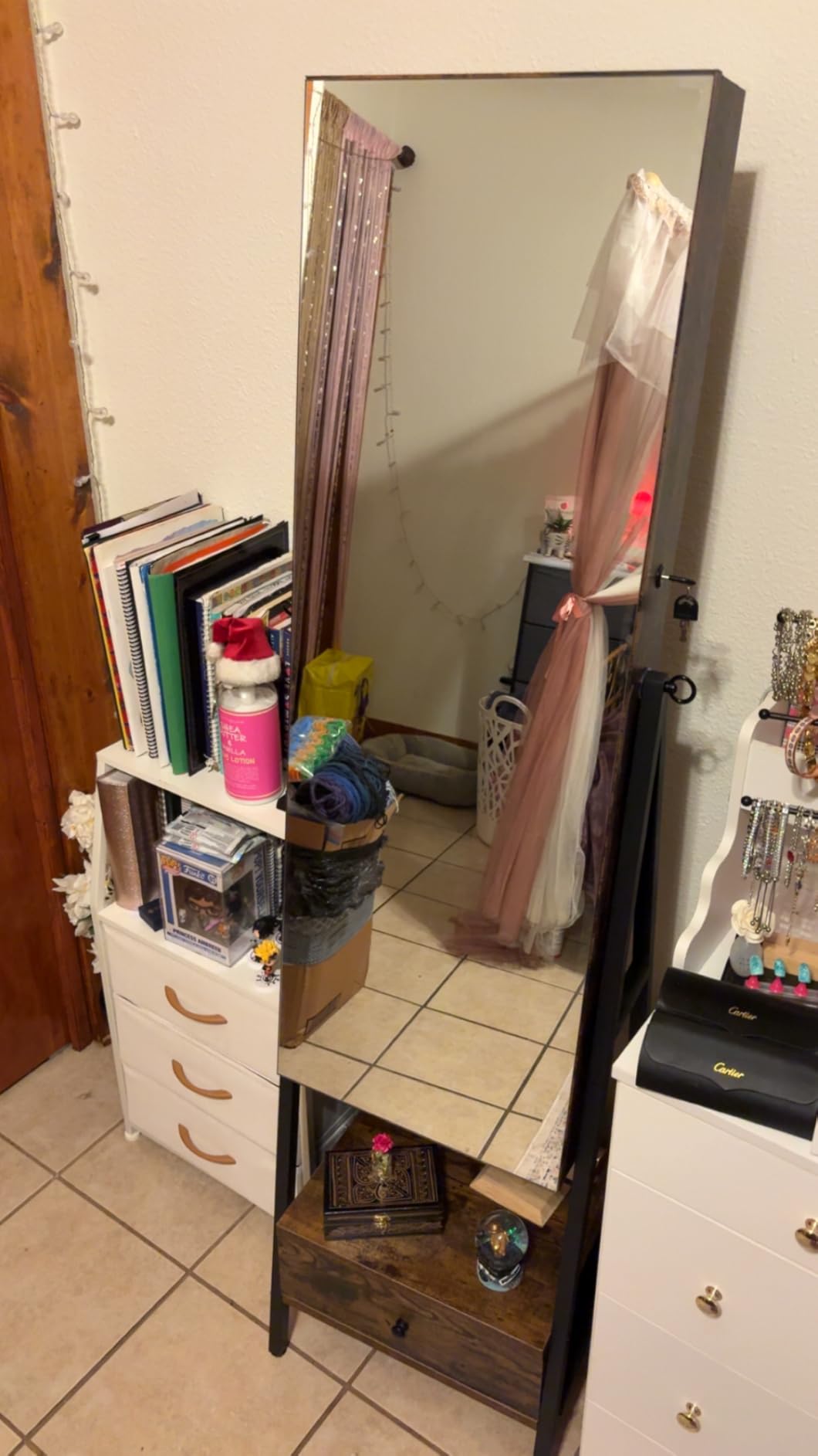 SONGMICS LED Cabinet Standing, Lockable Jewelry Armoire with Full-Length Mirror, Space-Saving Jewelry Organizer with Mirror, Bottom Drawer and Shelf, Gift Idea, Rustic Brown UJJC025X01 customer photo 2