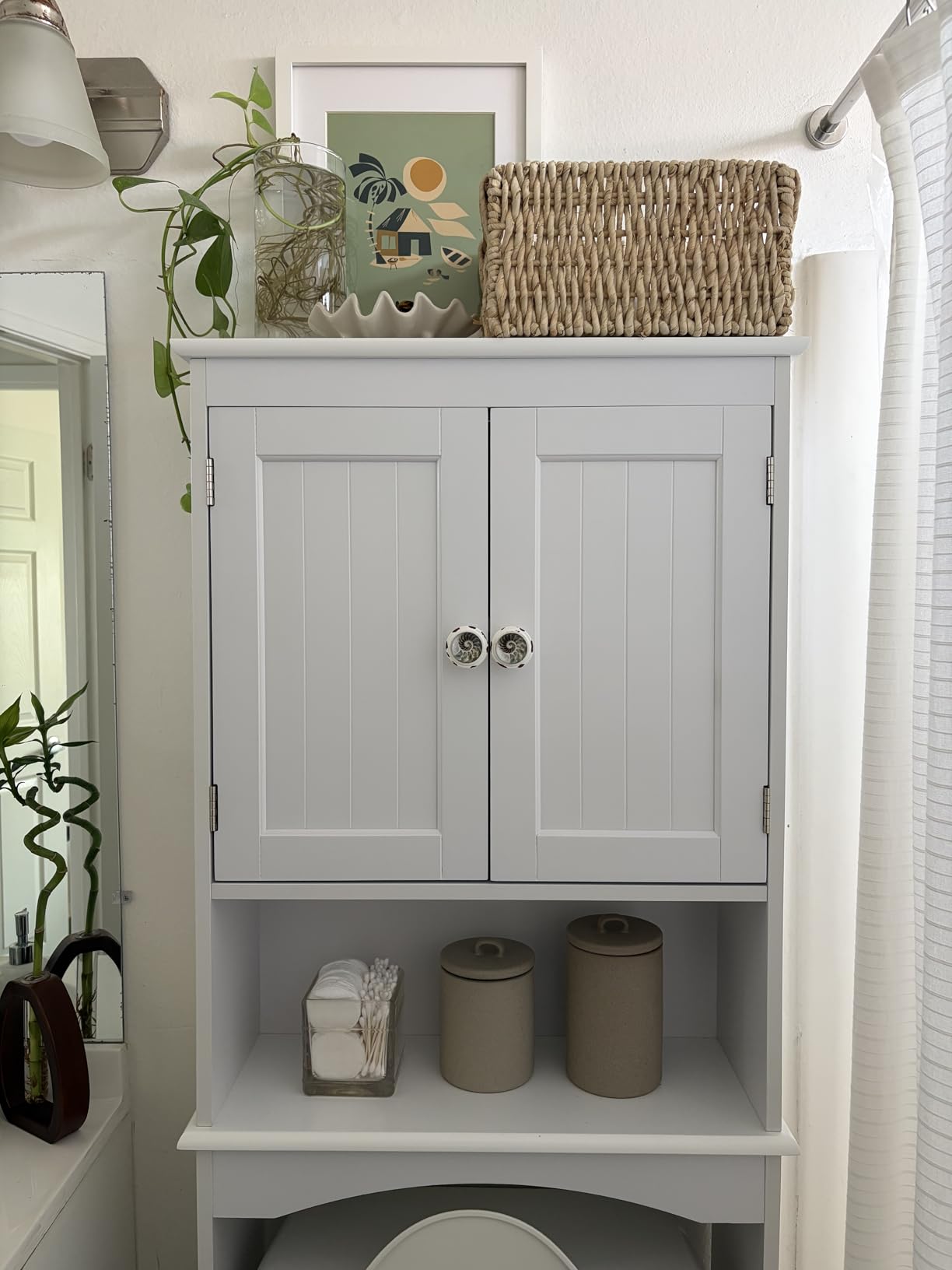 Gizoon Over the Toilet Storage Cabinet with Adjustable Shelf and Double Doors, Bathroom Space Saver Organizer Above Toilet with Open Shelf, Taller Wooden Free Standing Toilet Rack -White customer photo 1