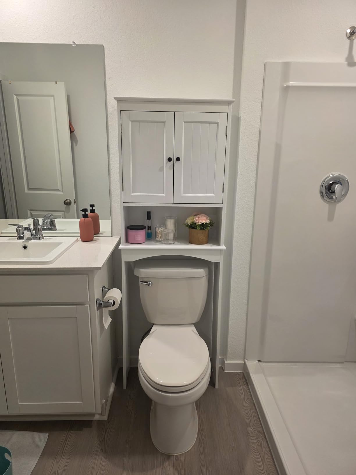 Gizoon Over the Toilet Storage Cabinet with Adjustable Shelf and Double Doors, Bathroom Space Saver Organizer Above Toilet with Open Shelf, Taller Wooden Free Standing Toilet Rack -White customer photo 2