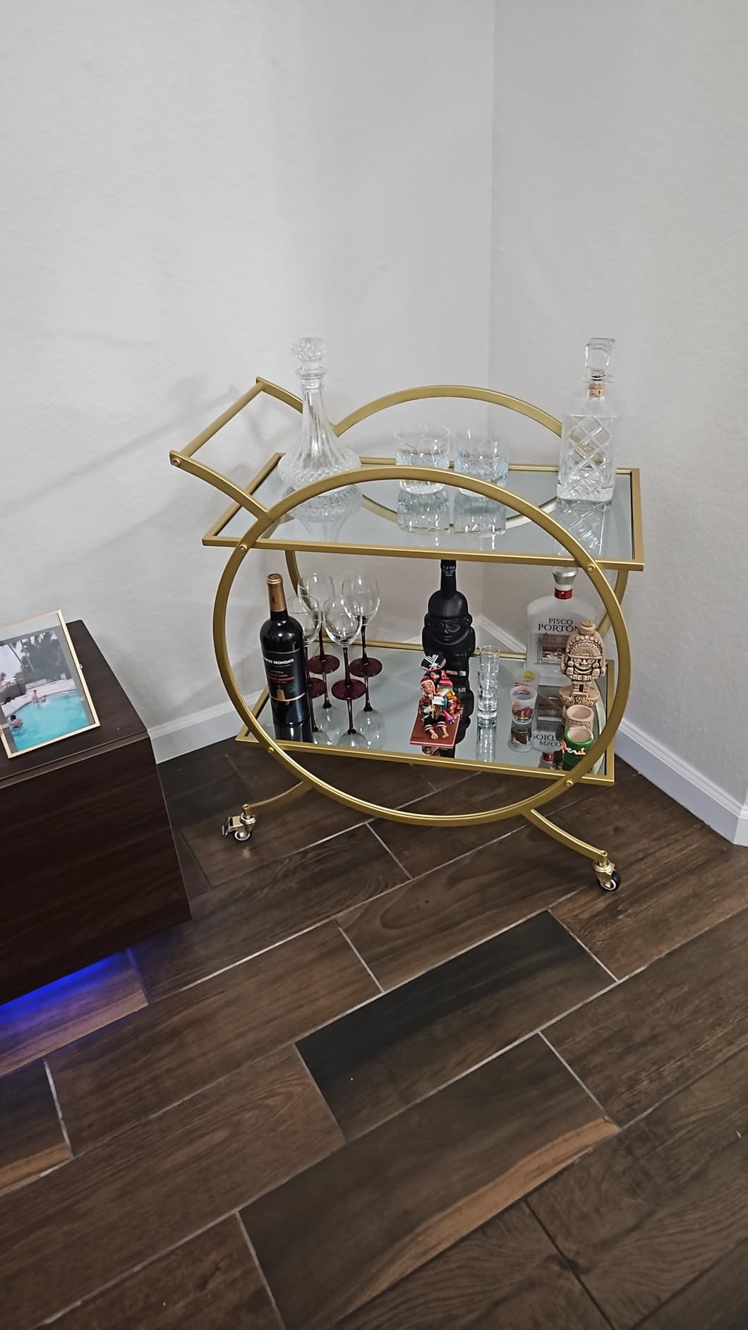 Black Metal Bar Carts with 3 Tier Glass Shelves, Rolling Serving Bar Cart with Wine Rack and Glass Holder, Industrial Bar Carts & Wine Carts on Wheels for Kitchen, Indoor & Outdoor customer photo 1