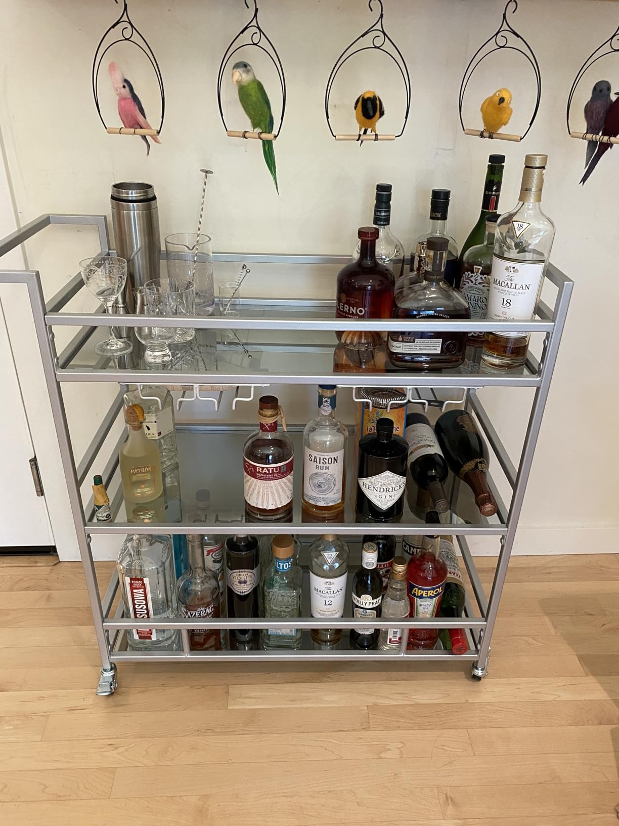 Black Metal Bar Carts with 3 Tier Glass Shelves, Rolling Serving Bar Cart with Wine Rack and Glass Holder, Industrial Bar Carts & Wine Carts on Wheels for Kitchen, Indoor & Outdoor customer photo 2