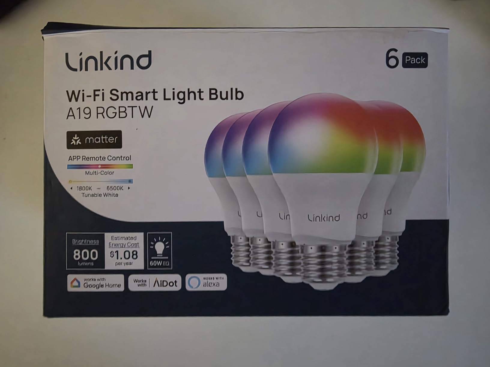 Linkind Matter Smart Light Bulb, WiFi Smart Bulbs, Work with Apple Home, Siri, Alexa, Google, SmartThings, AiDot, RGBTW Color Changing Bulbs Mood Lighting, Music Sync, A19 E26 60W, 2.4Ghz WiFi 6 Pack customer photo 2