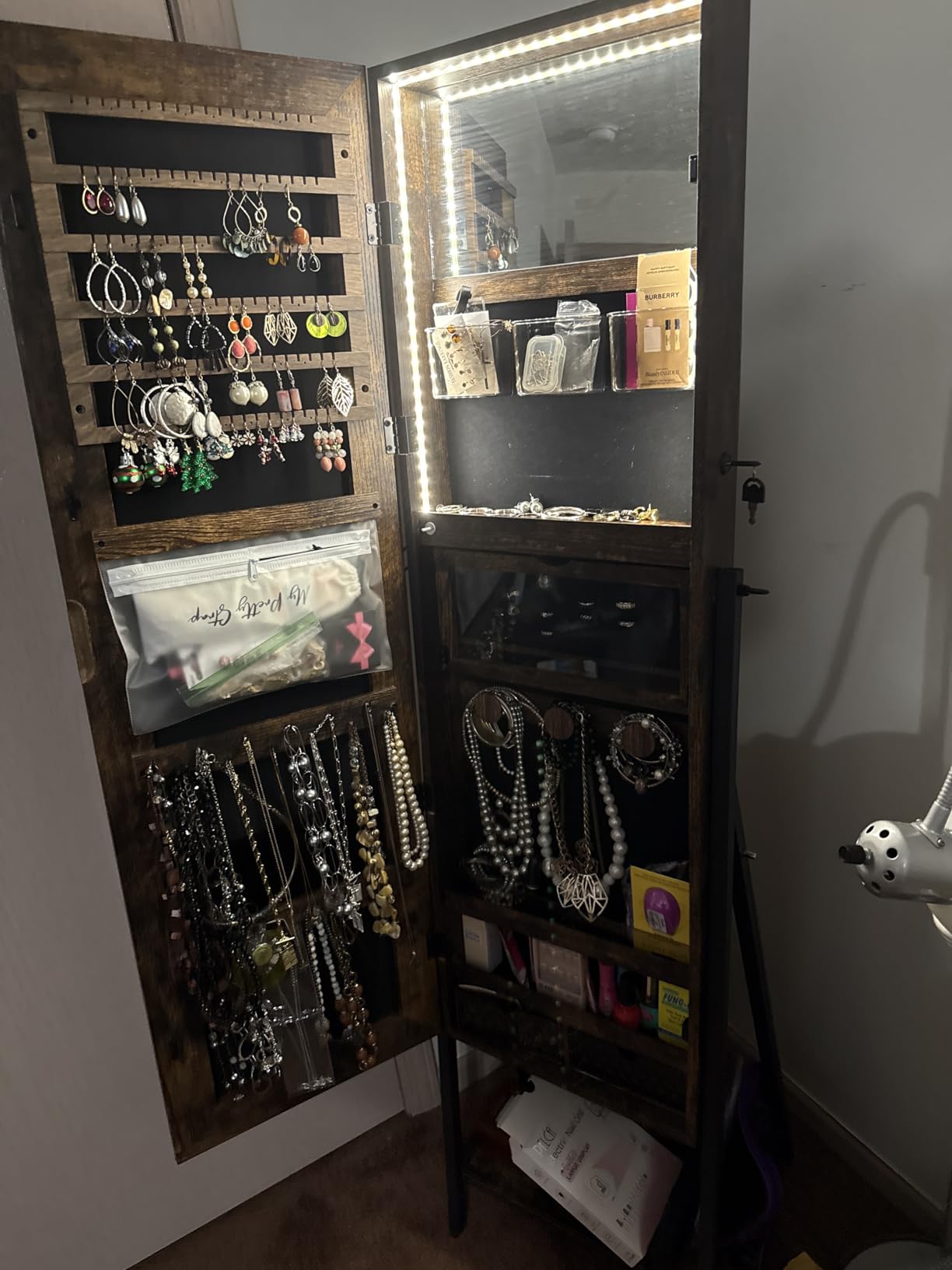 CHARMAID Standing Jewelry Armoire with Full Length Mirror, Lockable Jewelry Cabinet Organizer with Lights, 3 Lighting Modes, Foldable Makeup Tray, Storage Drawers & Shelves (Rustic Brown) customer photo 2