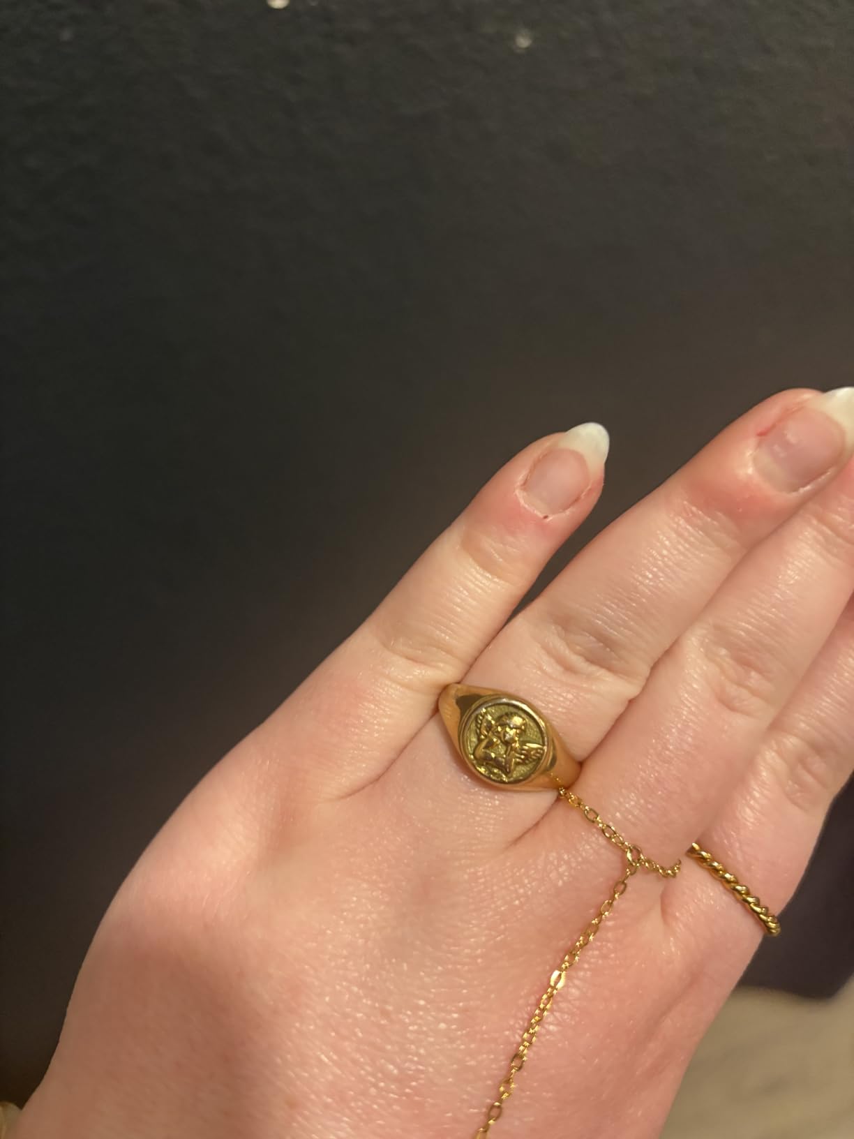 Gold Chunky Signet Stackable Pinky Ring for Women Men, Guardian Angel Cherub, Tarnish-Resistant 18K Gold Plated Stainless Steel Size 3 4 5 6 7 8 9 10 11 customer photo 1