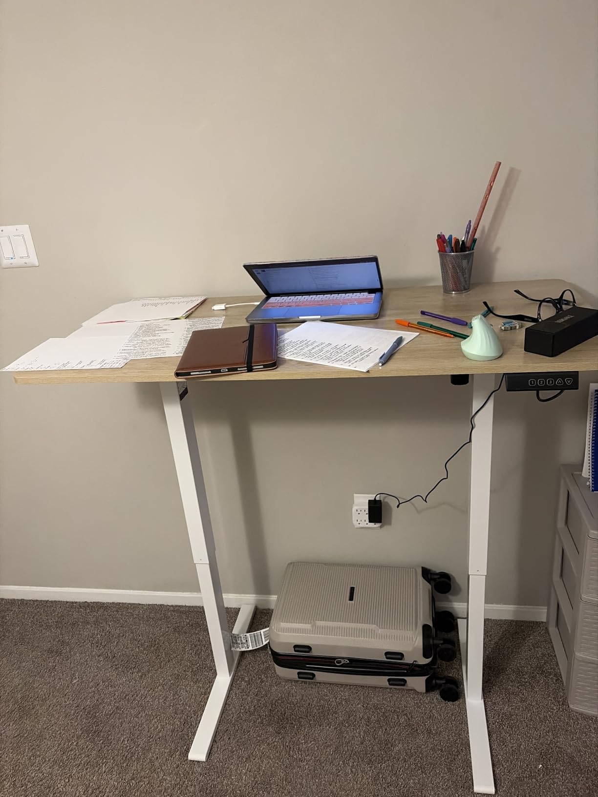 Cubiker Standing Desk, 48x24 Inches Sit Stand Home Office Desk, Electric Stand up Desk, Adjustable Desk with Splice Board, White Frame/Maple Top customer photo 1