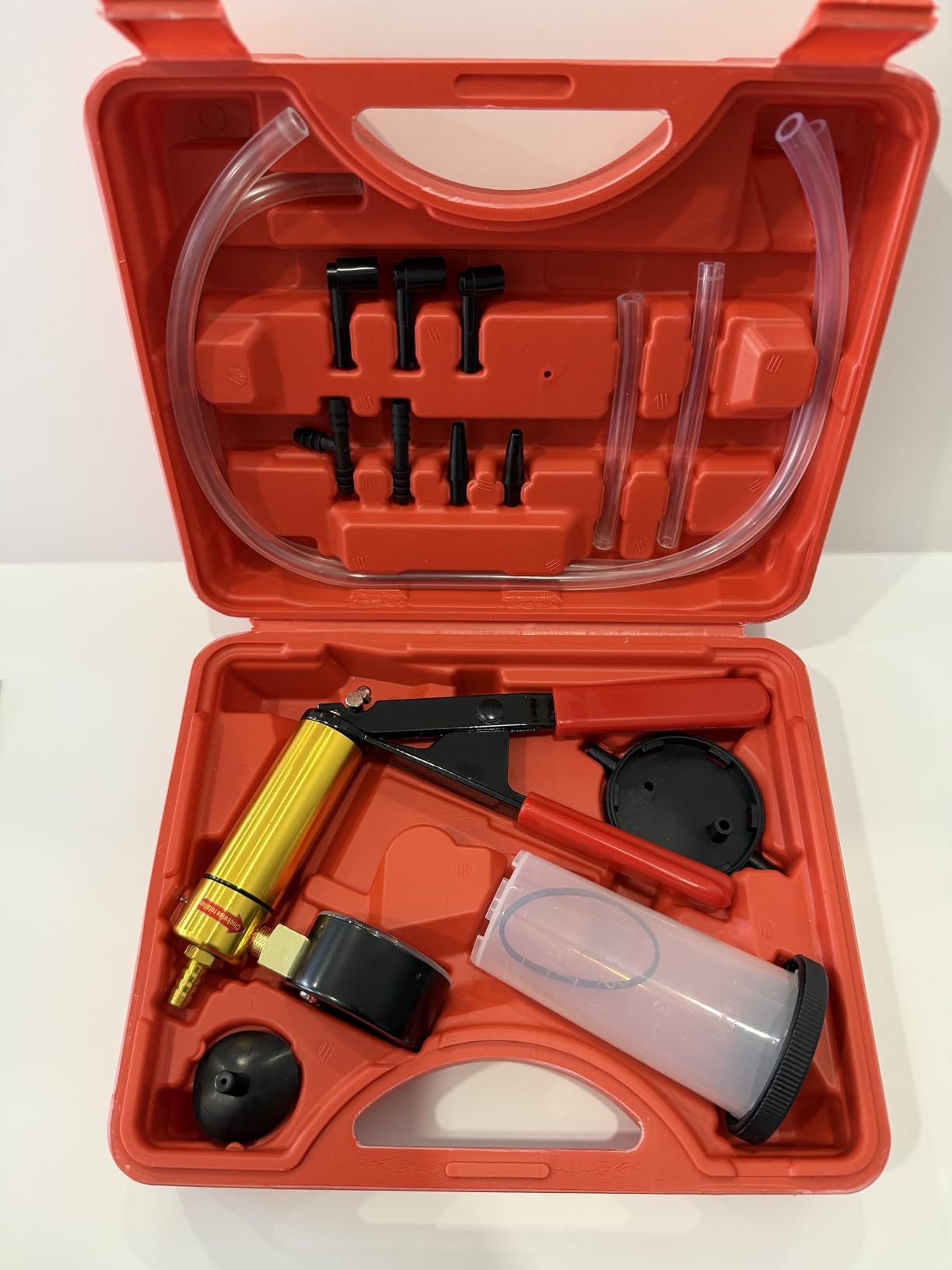 2 in 1 Brake Bleeder Kit with Hand Vacuum Pump with Gauge Adapters Automotive Brake Fluid Bleeding Set with Protected Case for Car Truck (Red) customer photo 2