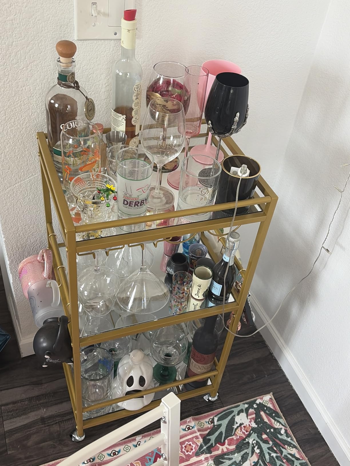 TUTOTAK Bar Cart, Serving Cart for Home, Drink Cart, Mobile Kitchen Shelf with Wine Rack and Glass Holder, Rolling Beverage Cart, Gold BC01BB031 customer photo 2