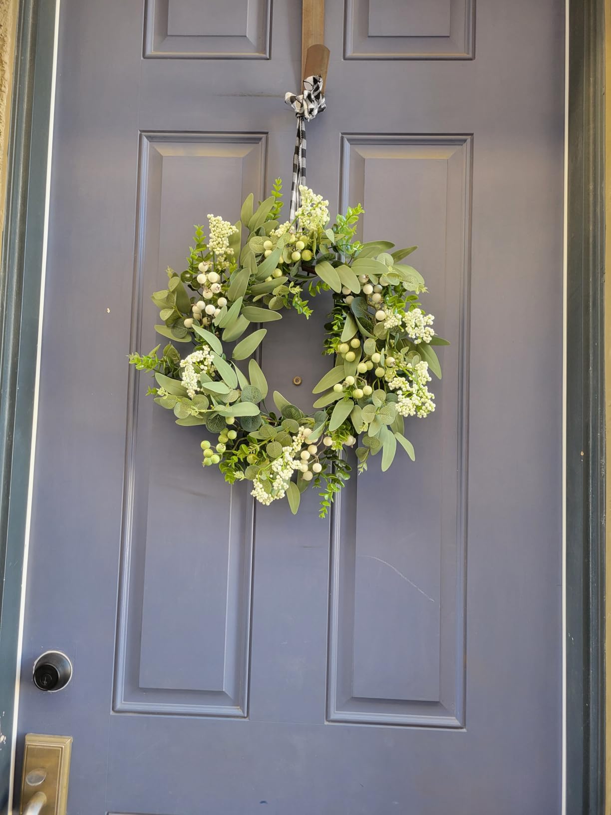 Vlorart Artificial Spring Summer Christmas Greenery Wreaths for Front Door Green Eucalyptus Leaf Wreath Decor Boxwood with Big Berries for Farmhouse Outside Year Round customer photo 2