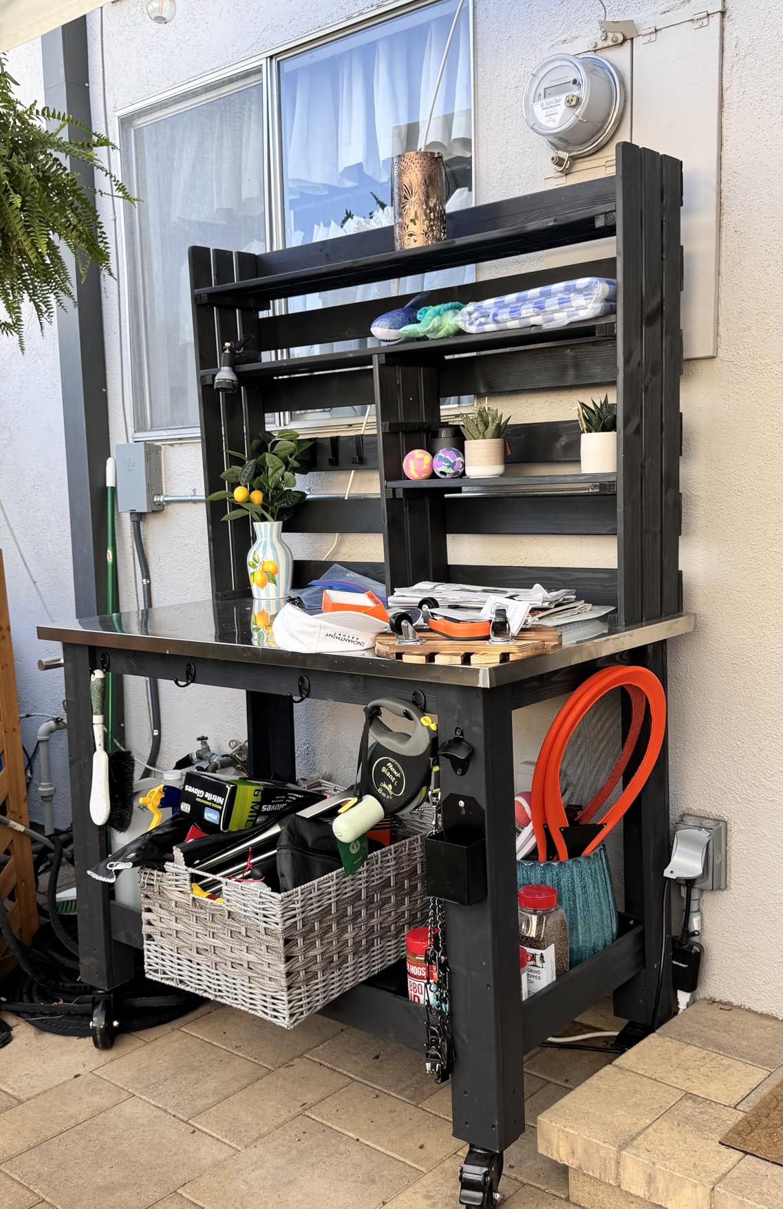 GDLF Potting Bench Table Large Outdoor Kitchen Island Prep Station with Stainless Steel Top Waterproof Cover, Hardwood, 66.9 inches H customer photo 1