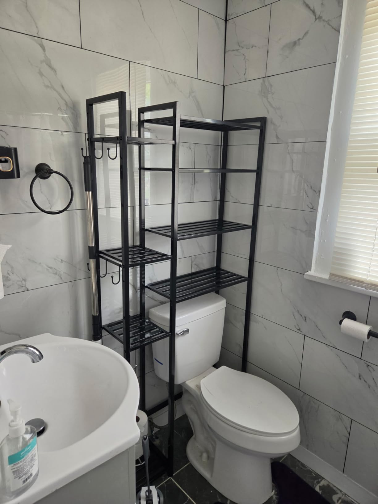 Simple Trending Over The Toilet Storage Rack, Metal 3 Tier Bathroom Organizer Shelf with Paper Holder and 3 Hooks, Freestanding Shelf Space Saver Above Toilet, White customer photo 1
