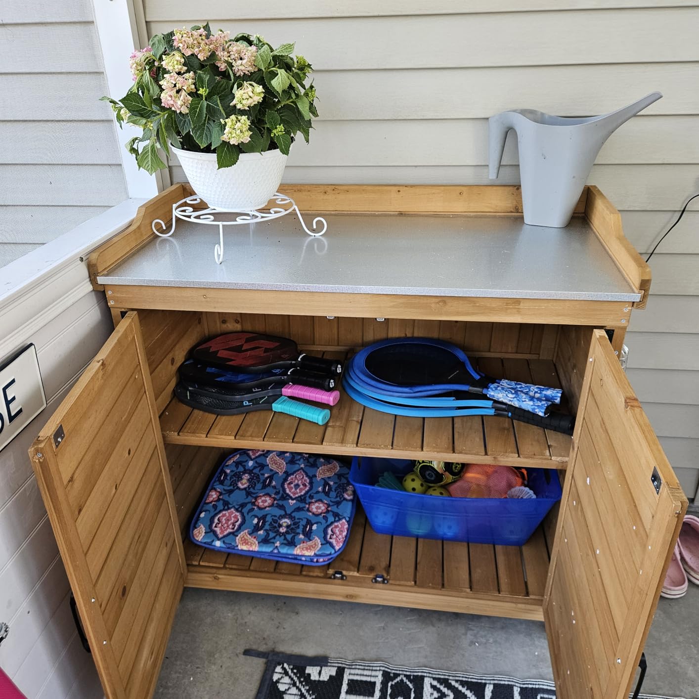 Gizoon Outdoor Potting Bench with Metal Tabletop, Outdoor Garden Patio Wooden Storage Cabinet with Adjustable Shelf, Double Doors Garden Work Bench for Backyard, Patio, Lawn - Natural customer photo 1