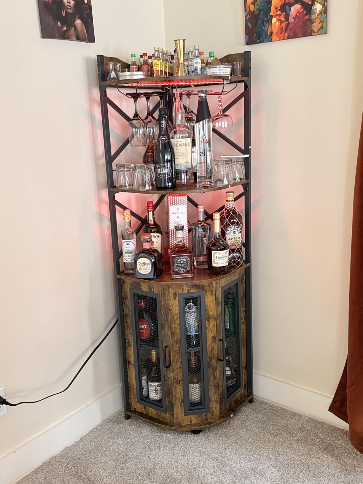 Aheaplus Corner Bar Cabinet with Power Outlet, Industrial Wine Cabinet with LED Strip and Glass Holder, 5-Tiers Liquor Cabinet Bar Unit for Home, Corner Display Cabinet for Small Space, Rustic Brown customer photo 1