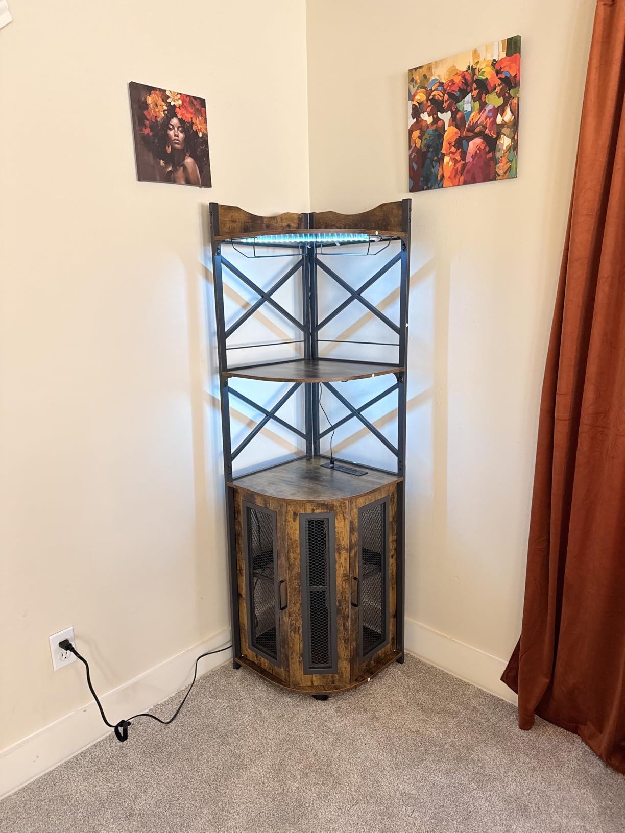 Aheaplus Corner Bar Cabinet with Power Outlet, Industrial Wine Cabinet with LED Strip and Glass Holder, 5-Tiers Liquor Cabinet Bar Unit for Home, Corner Display Cabinet for Small Space, Rustic Brown customer photo 2