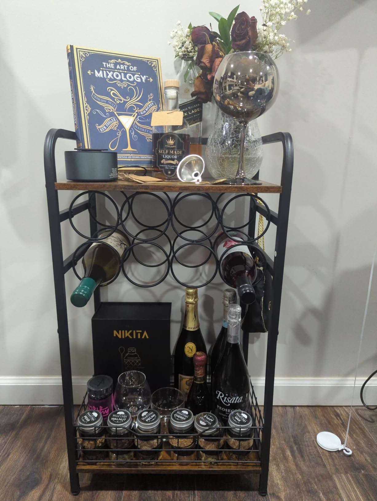 3-Tier Wine Rack Freestanding Floor Cabinet Corner Bar Cabinet Bar Cart,12 Individual Wine Storage Bottle Compartments Corner Bar Cabinet Holder,Wood + Black Frame Liquor Cabinet customer photo 2