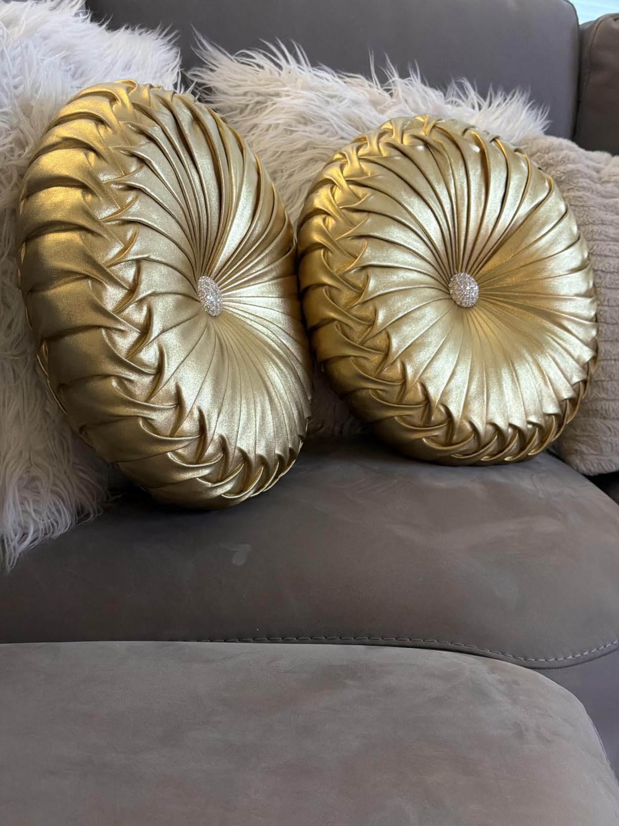 EUCIOR Gold Throw Pillows,Circular Pillow,Pumpkin Pleated Handmade Throw Pillows,Gold Pillows,Smooth Metallic Leather Decorative Pillows for Home Decor Bedroom Living Room Couch Bed Sofa customer photo 1