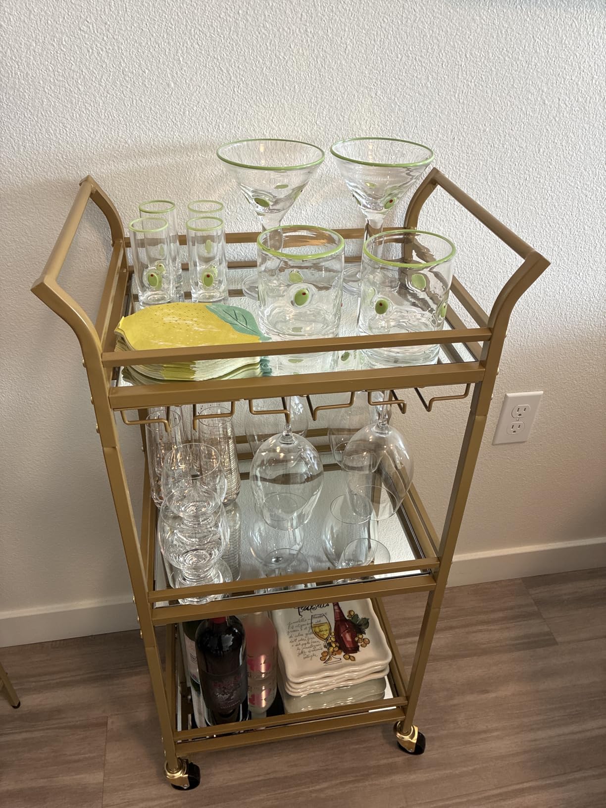 VASAGLE Bar Cart, Home Bar Serving Cart, Small Bar Serving Cart with 3-Tier Shelf, Wine Holders, Glass Holders, Mini Bar Cart for Small Spaces, Kitchen, Dining Room, Living Room, Pale Gold customer photo 2