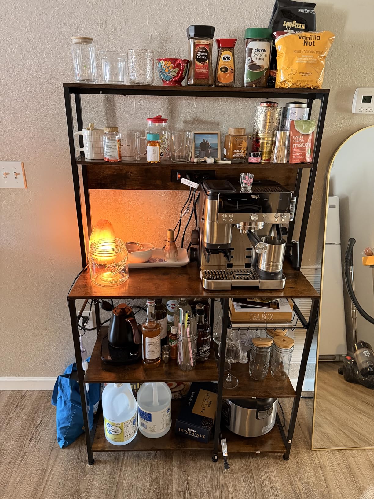 SUPERJARE Bakers Rack with Power Outlet, 35.4 Inches Coffee Bar with Wire Basket, Kitchen Microwave Stand with 6 S-Shaped Hooks, Open Storage Shelves, Rustic Brown customer photo 1