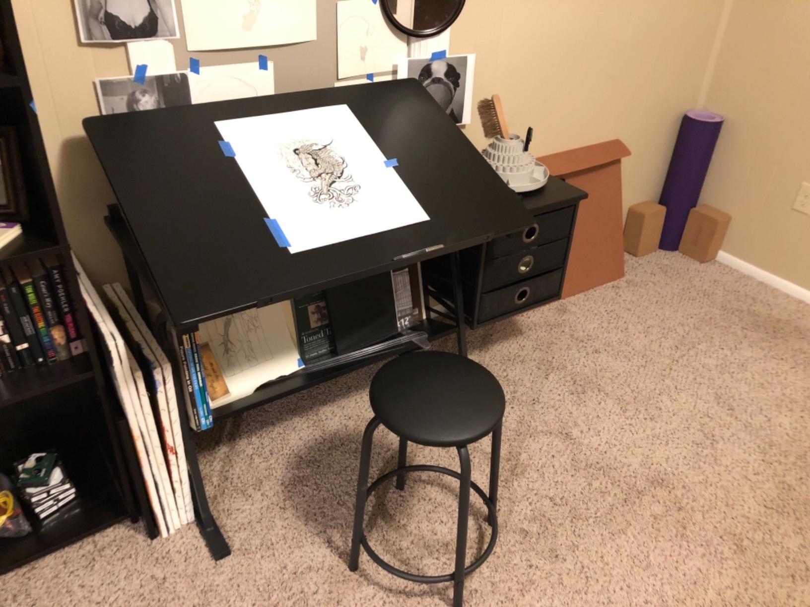 2 Piece Eclipse Ultra Center/Drawing Table with Stool, Angle Adjustable Top, Storage Shelves, and Drawers customer photo 2