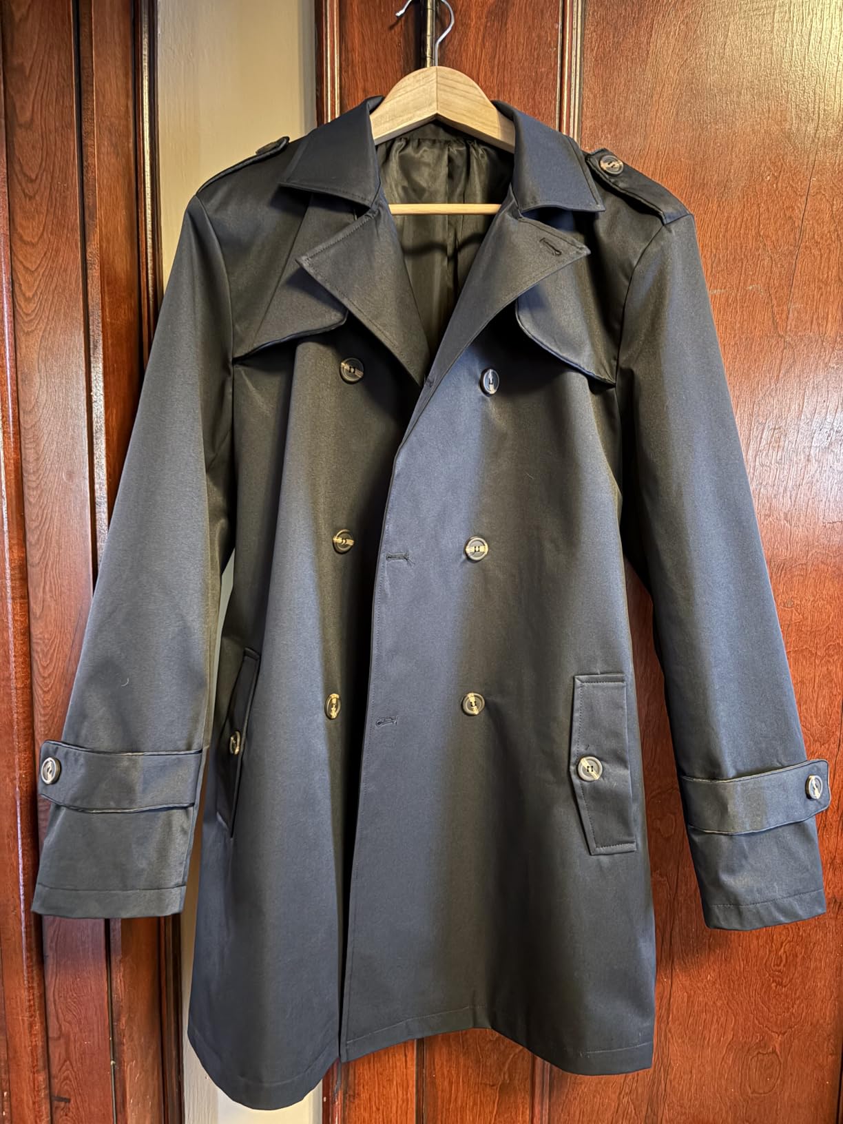 Men's Trench Coat Slim fit Double Breasted Notched Lapel Belted Windbreaker Long Jacket Casual Windproof Overcoat customer photo 1