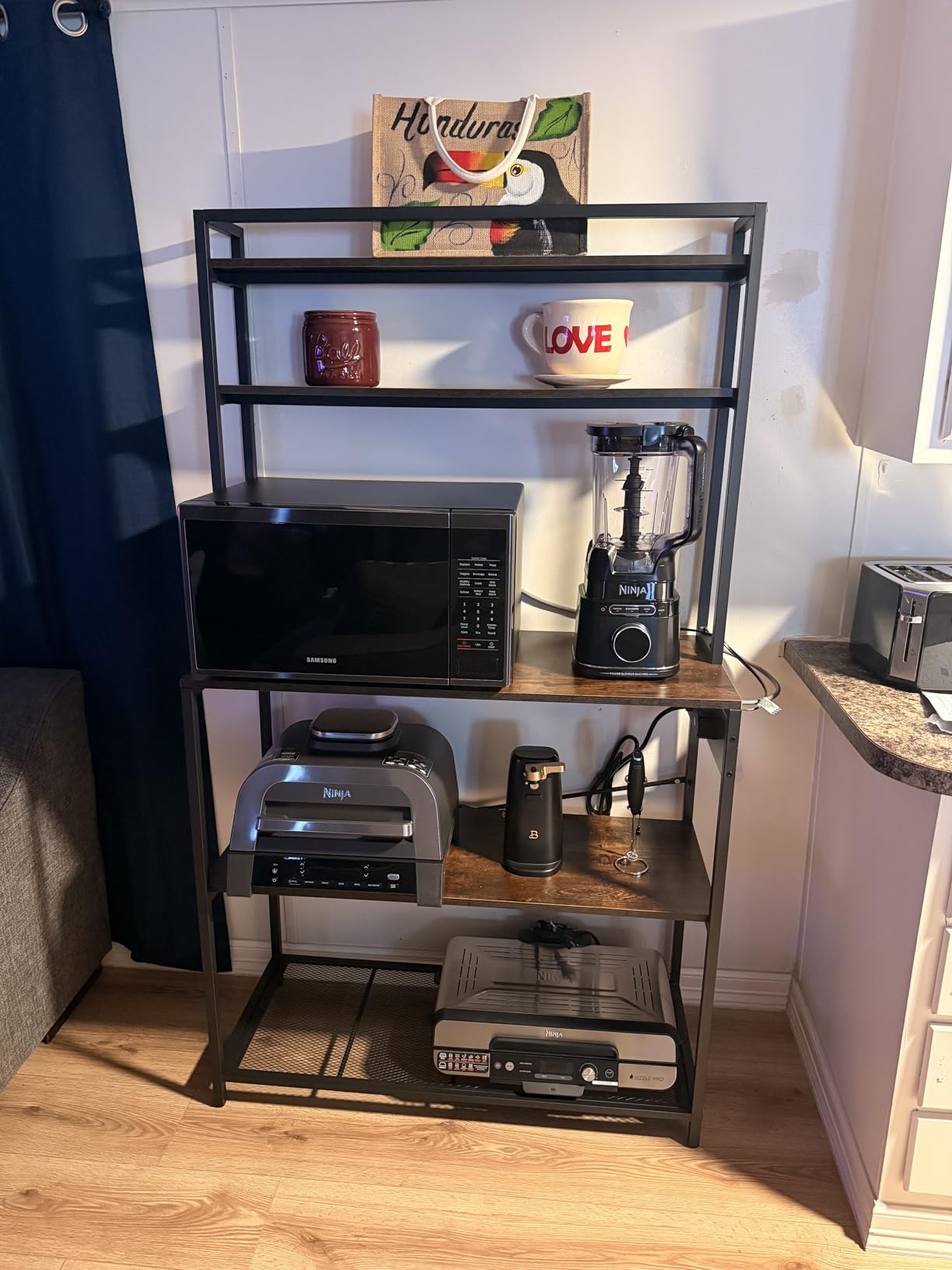 Denkee Large Bakers Rack with Power Outlets, 38 Inch Microwave Stand with Storage, 5-Tier Coffee Bar Stand, Industrial Kitchen Shelf Rack, Rustic Brown customer photo 1