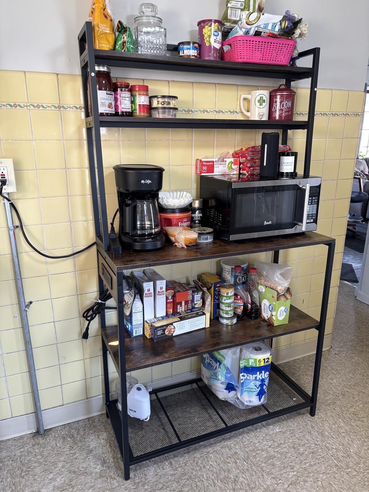 Denkee Large Bakers Rack with Power Outlets, 38 Inch Microwave Stand with Storage, 5-Tier Coffee Bar Stand, Industrial Kitchen Shelf Rack, Rustic Brown customer photo 2