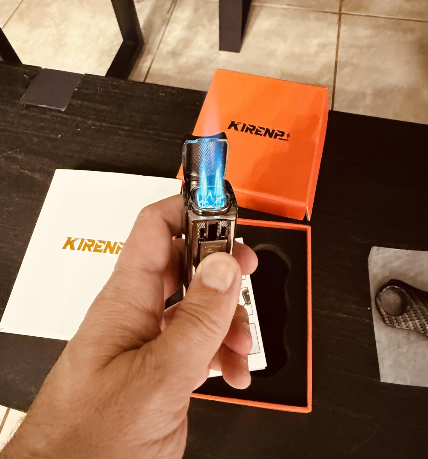 All-in-one Cigar Lighter with V Cigar Cutter, Built-in Cigar Punch, Holder, Quad Windproof Jet Flame, Refillable Torch Lighter Set with Gift Box, Cool lighters for Smoking, Birthday (Carbon Fiber) customer photo 2