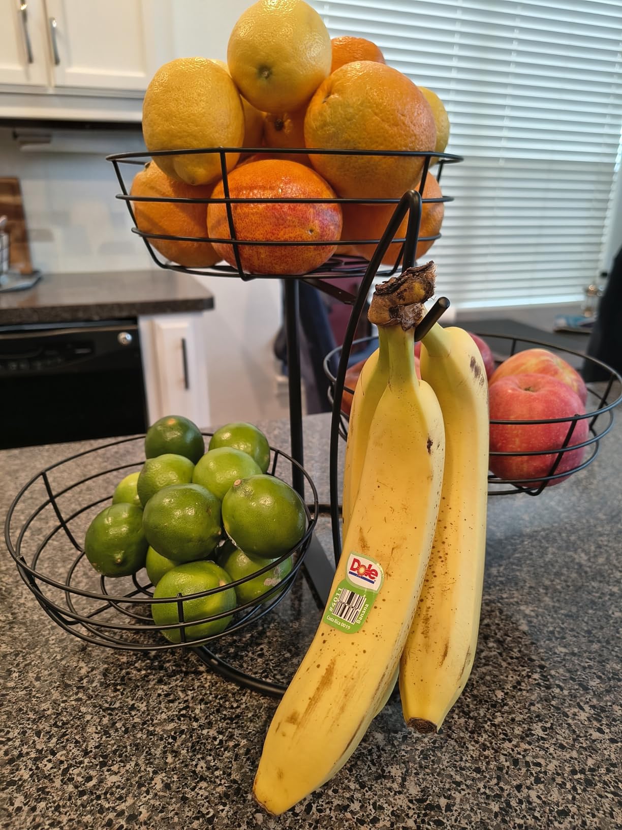 Livabber Fruit Basket Bowl with Banana Hanger, Fruit Vegetable Storage Basket with Banana Tree Holder for Kitchen Counter, Detachable Organizer for Bread Snack Produce (Black, 3-Tier Metal Base) customer photo 1