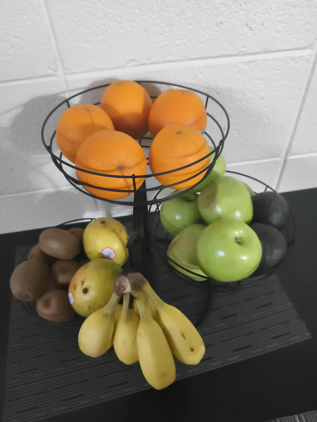Livabber Fruit Basket Bowl with Banana Hanger, Fruit Vegetable Storage Basket with Banana Tree Holder for Kitchen Counter, Detachable Organizer for Bread Snack Produce (Black, 3-Tier Metal Base) customer photo 2