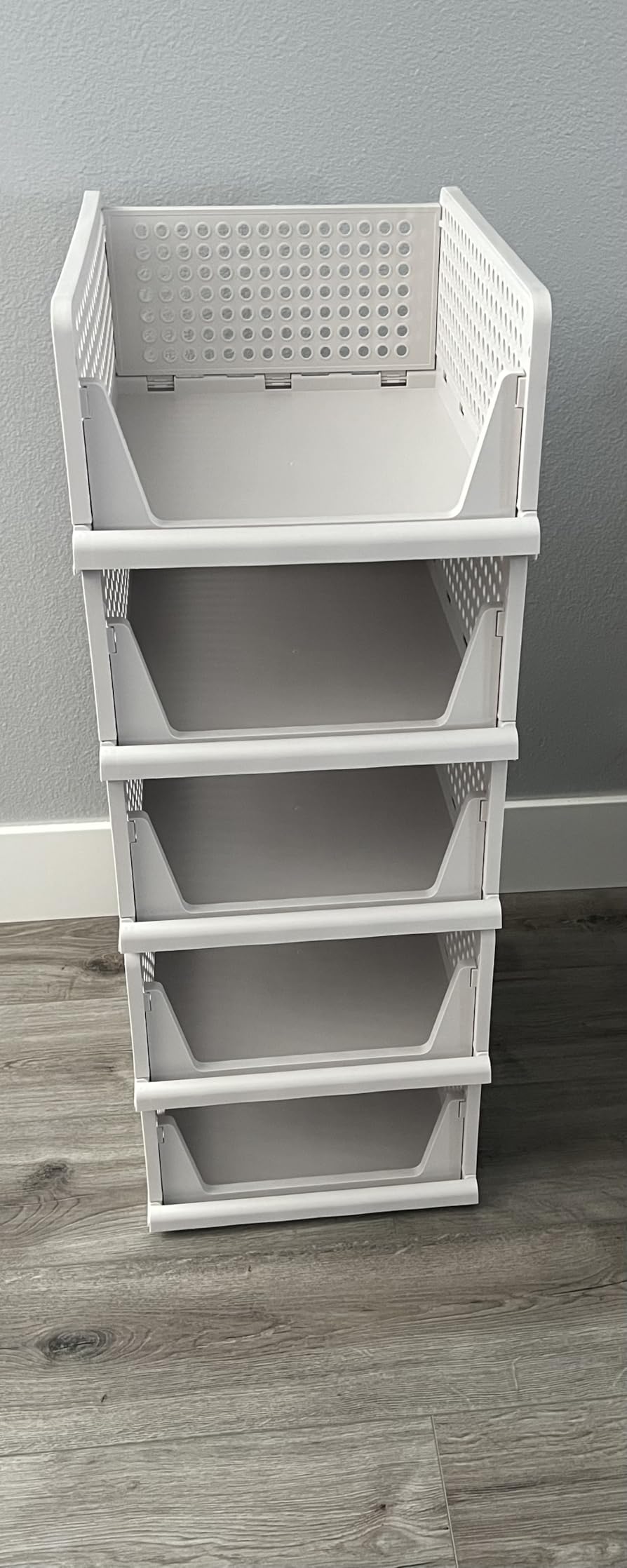 SNSLXH 5 Pack Stackable Closet Storage Basket, Multifunctional & Foldable Closet Organizer for Bathroom Kitchen Laundry Room Wardrobe Storage, Space-Saving Clothes Storage Drawer Organizer, White customer photo 1