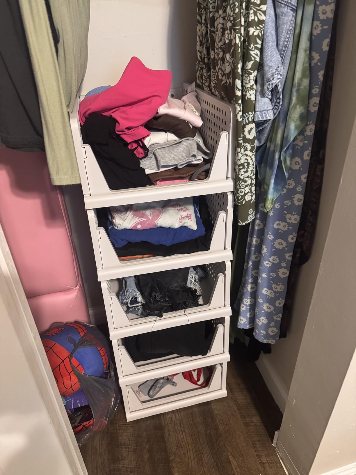 SNSLXH 5 Pack Stackable Closet Storage Basket, Multifunctional & Foldable Closet Organizer for Bathroom Kitchen Laundry Room Wardrobe Storage, Space-Saving Clothes Storage Drawer Organizer, White customer photo 2