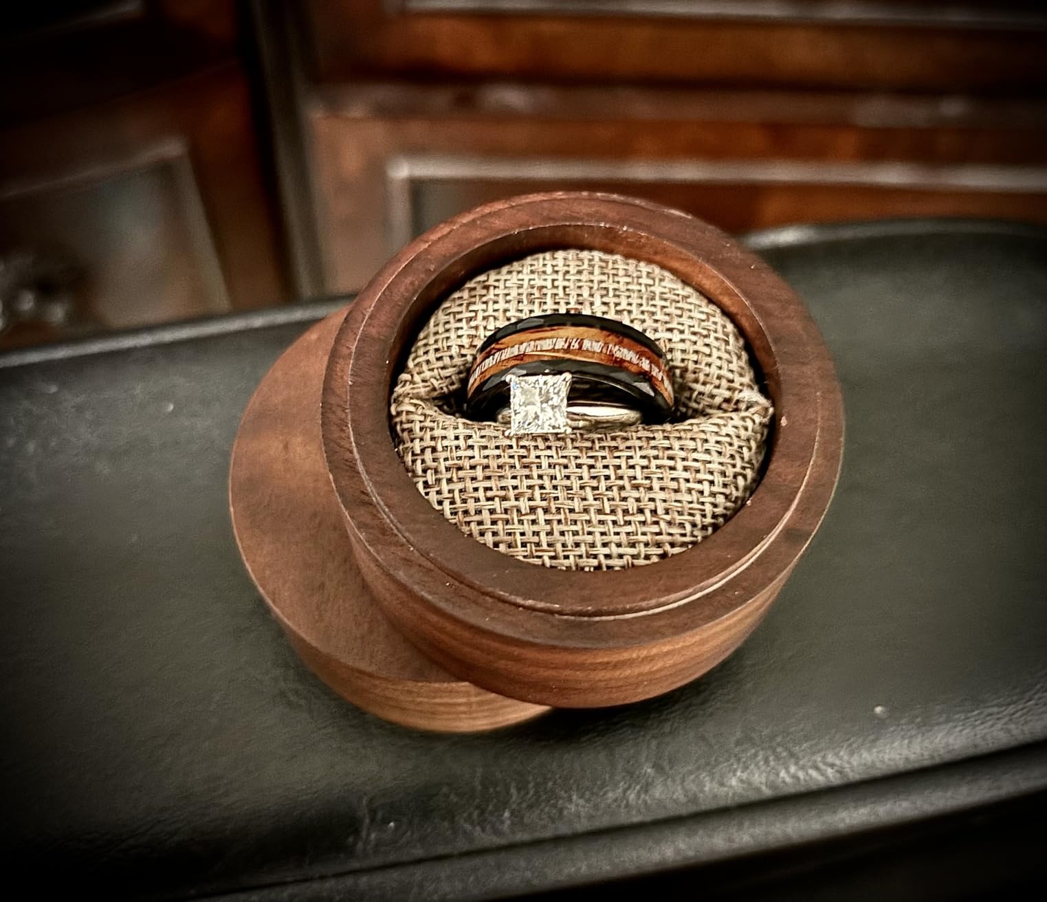 Men's Tungsten Carbide Wedding Band - Premium Grade Black Hammered Ring (Whiskey Barrel Wood & Deer Antler Inlay) - Includes Silicone Band, Leather Drawstring Pouch, & Luxury Walnut Box customer photo 1