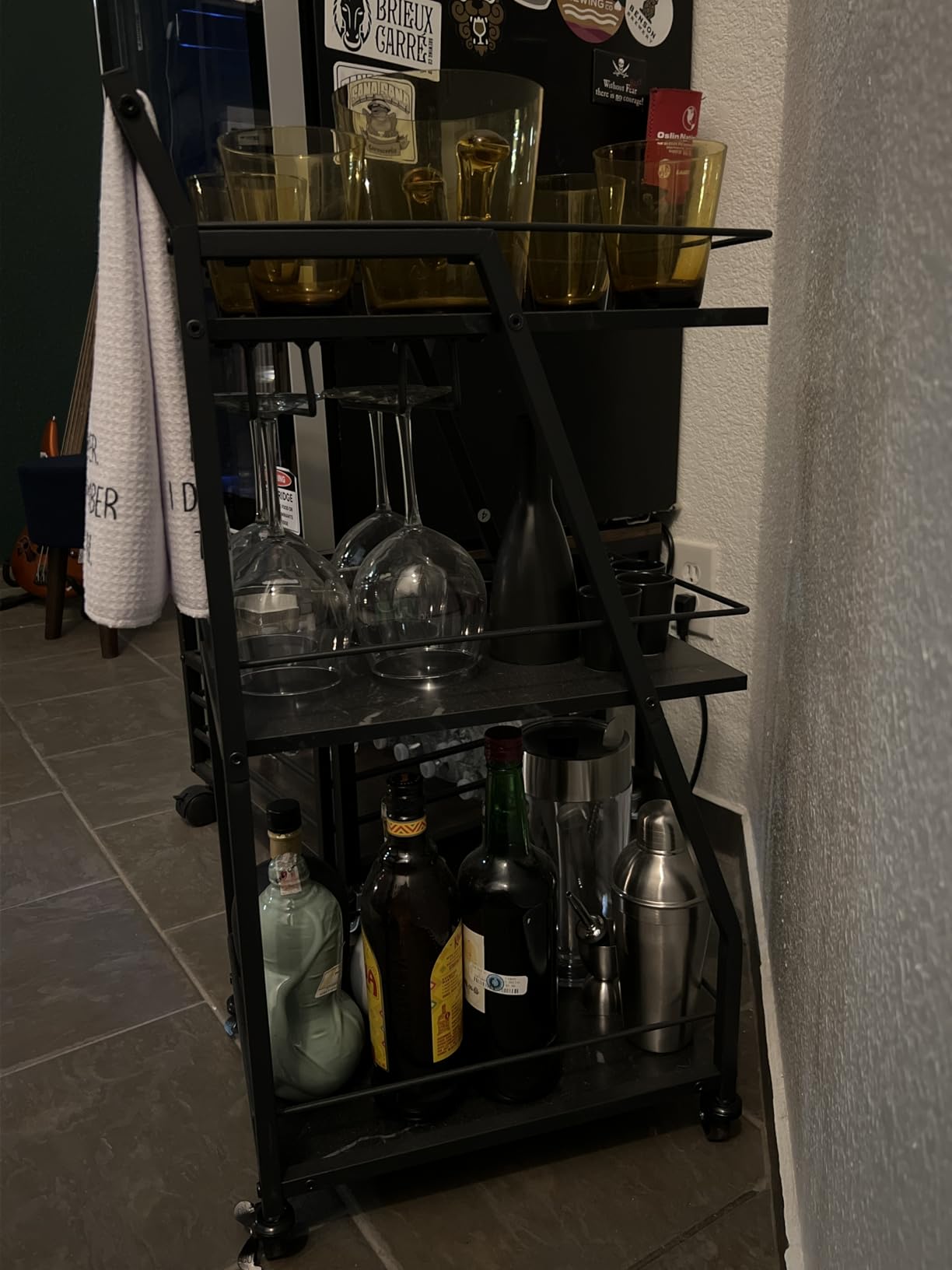 YATINEY Bar Cart, 3-Tier Home Bar Serving Cart with Wheels, Drink Cart with Glass Holder, Beverage Cart, Rolling Kitchen Cart, for Home, Living Room, Gold BC03DW customer photo 1